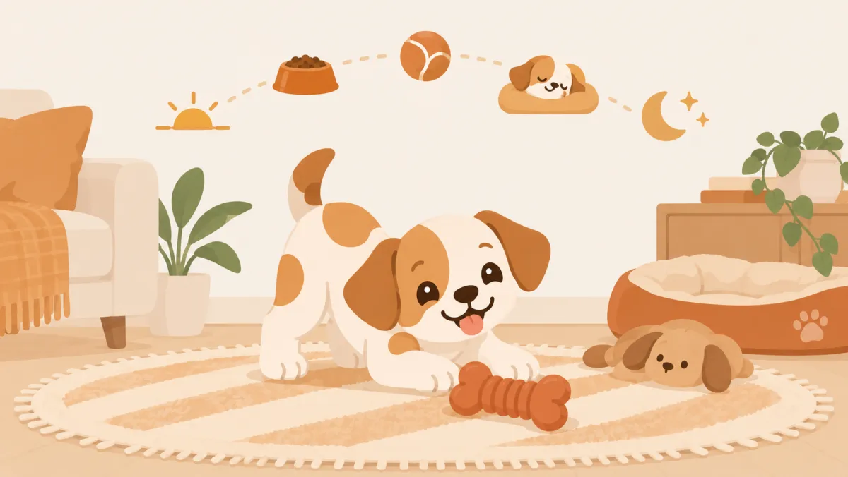 A young puppy exploring a living room rug with a chew toy, under an arc of day icons