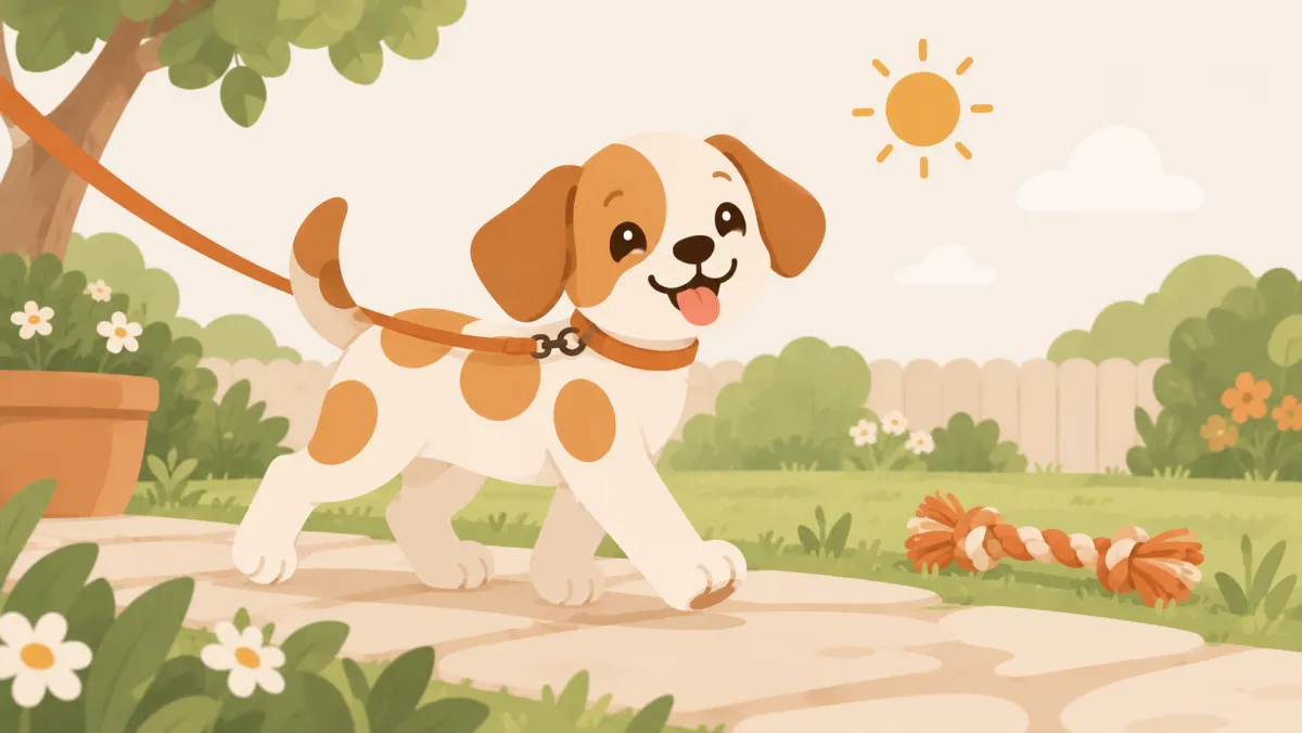 A lanky four-month-old puppy trotting on a short leash along a garden path