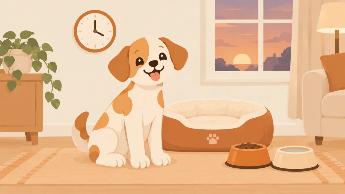 A half-grown puppy sitting beside its bed and two food bowls in the evening