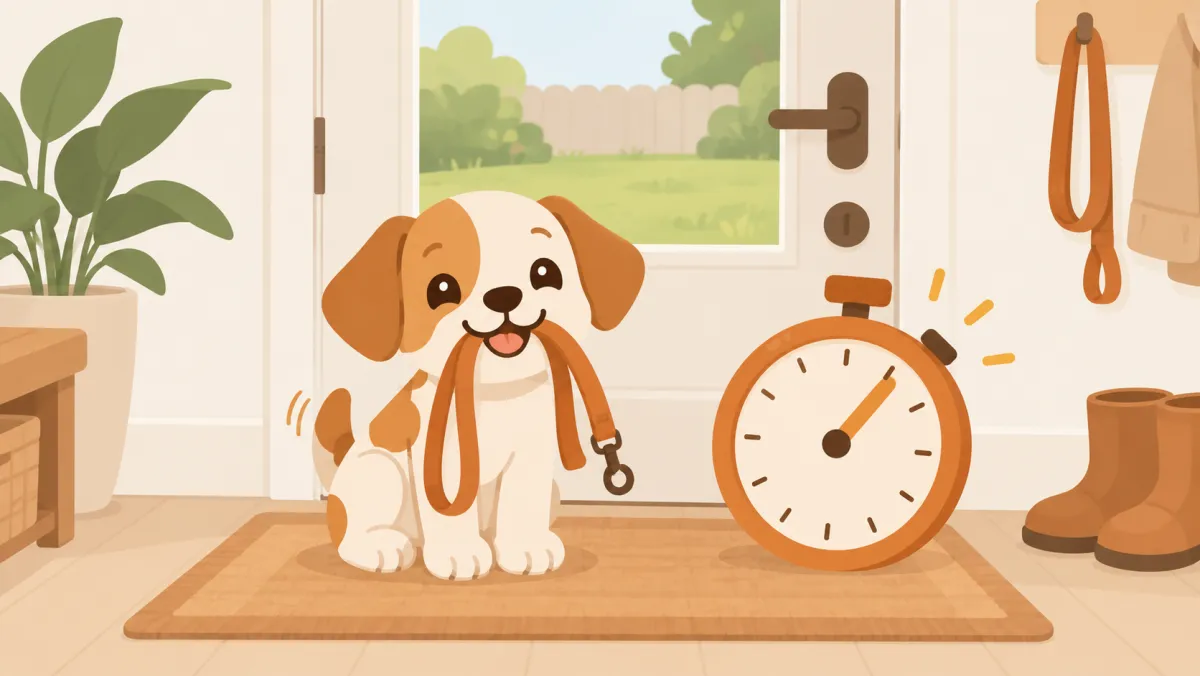 A puppy waiting by the back door with its leash, next to a stopwatch