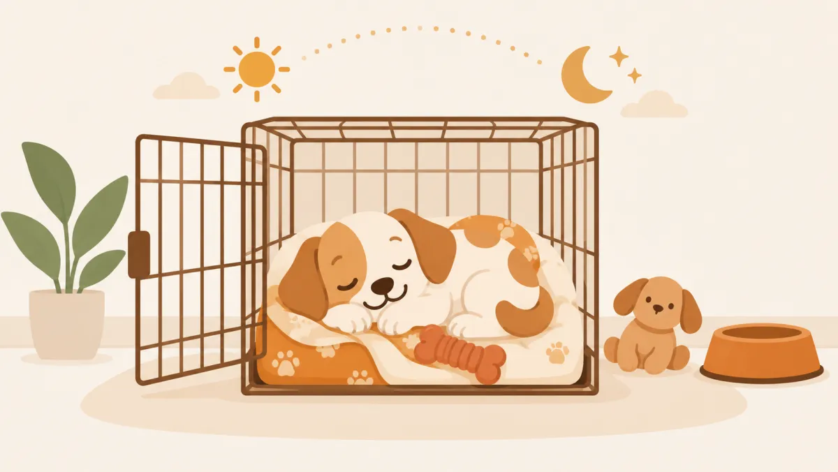 A puppy napping in an open crate with a blanket and a chew toy