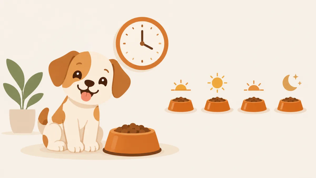 A puppy beside its food bowl, with a clock and four meal bowls behind it