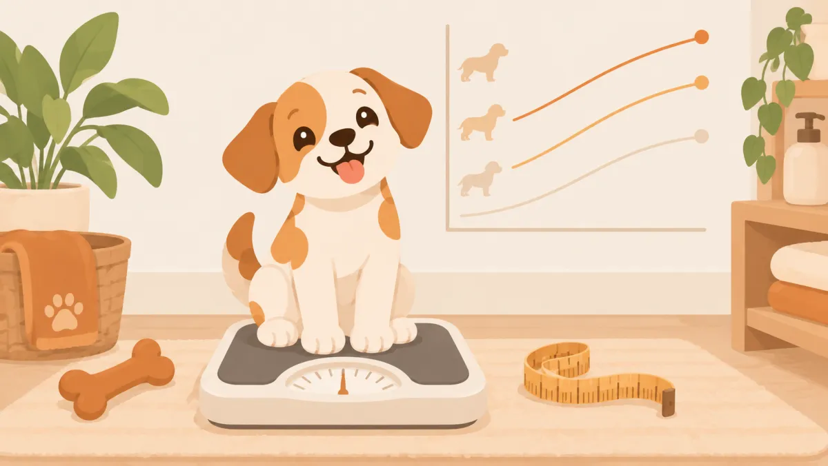 A puppy sitting on a bathroom scale in front of a simple growth chart